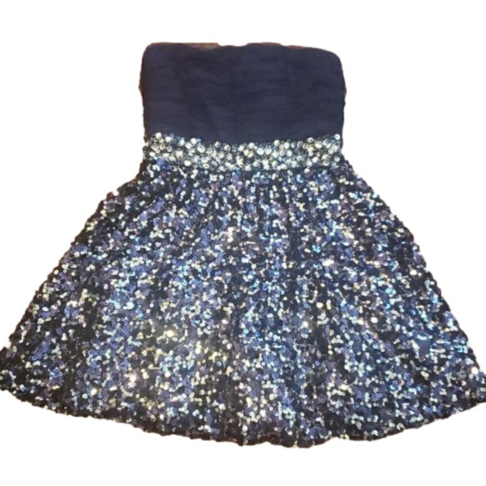 MY Michelle Sz 1 Navy Silver Sequin Short Formal Prom Strapless Fancy Teen Dress
